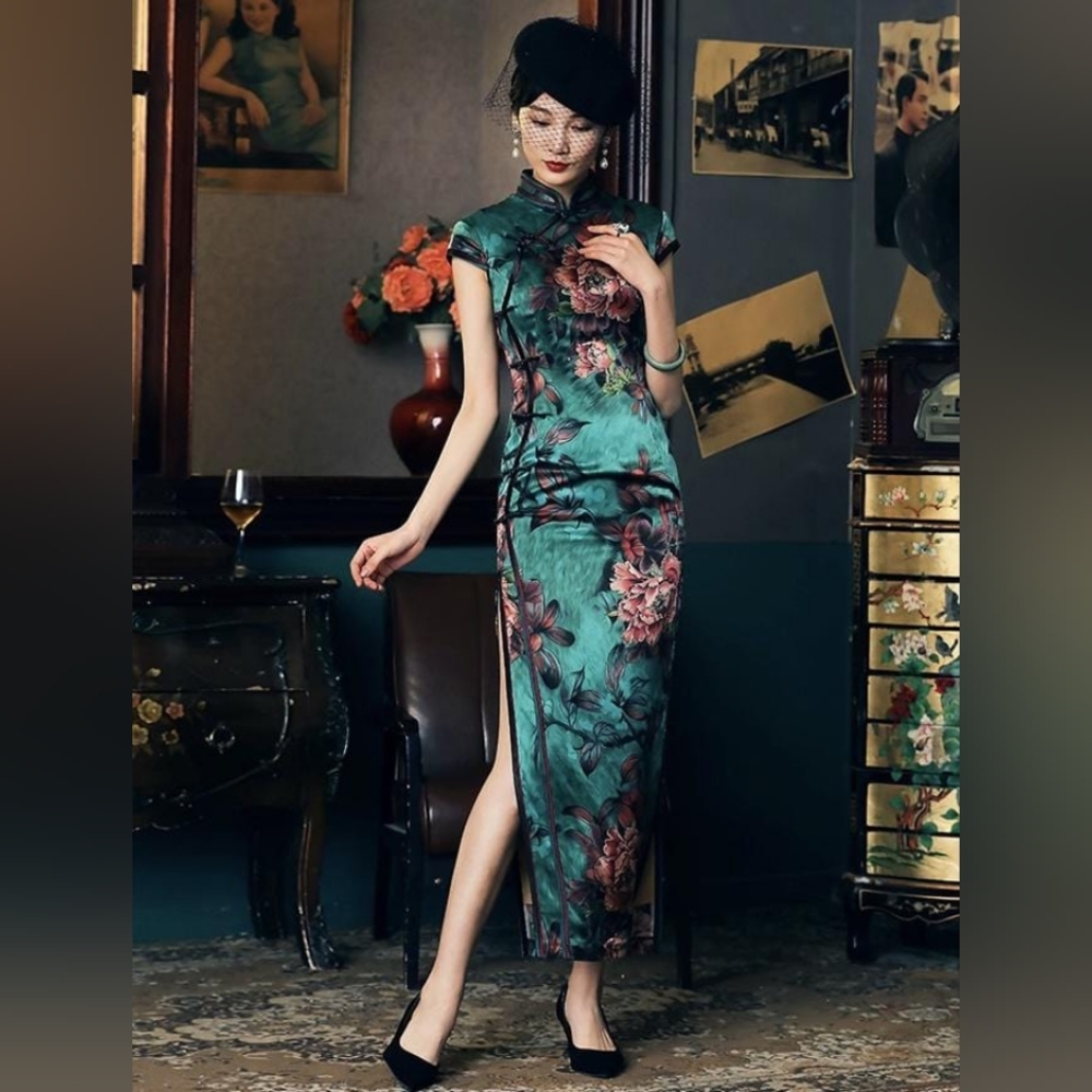 GORGEOUS High-End Beth & Brian Chinese Qipao Dress XS Green Floral Mulberry Silk